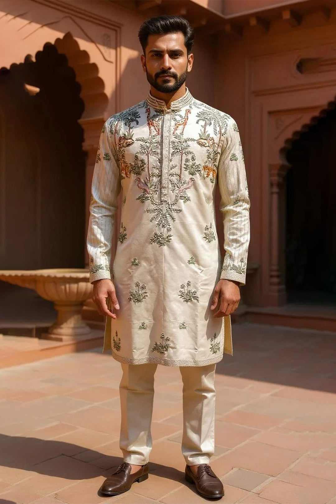 Ivory Silk Kurta Pajama with Intricate Embroidery