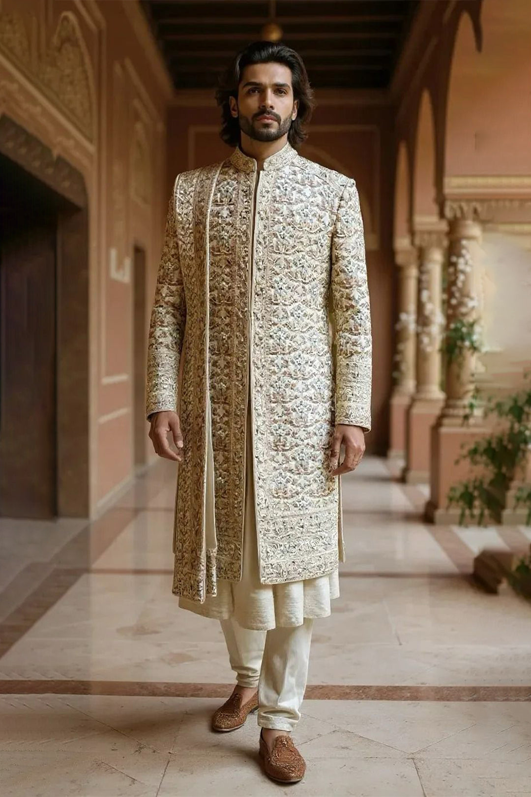 Ivory Silk Sherwani with All-Over Hand Embroidery