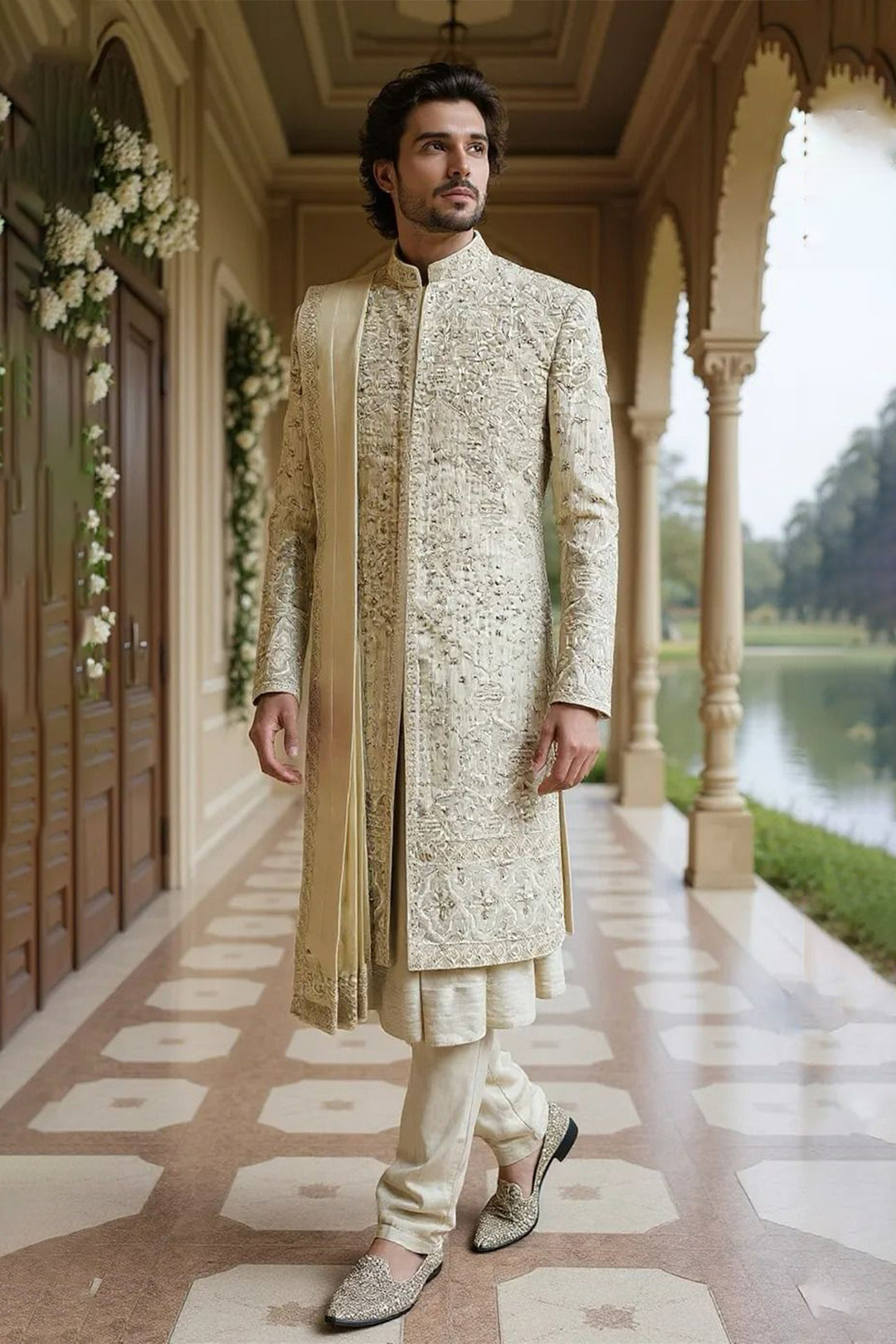 Ivory Silk Sherwani with Exquisite Handcrafted Embroidery