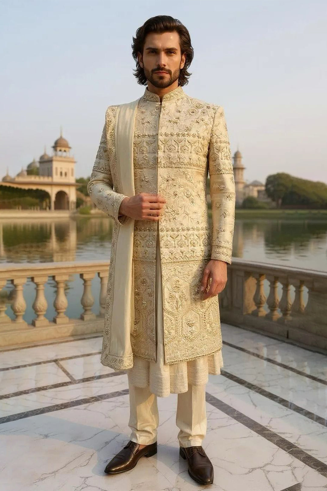 Ivory Silk Sherwani with Heavy Hand Embroidery