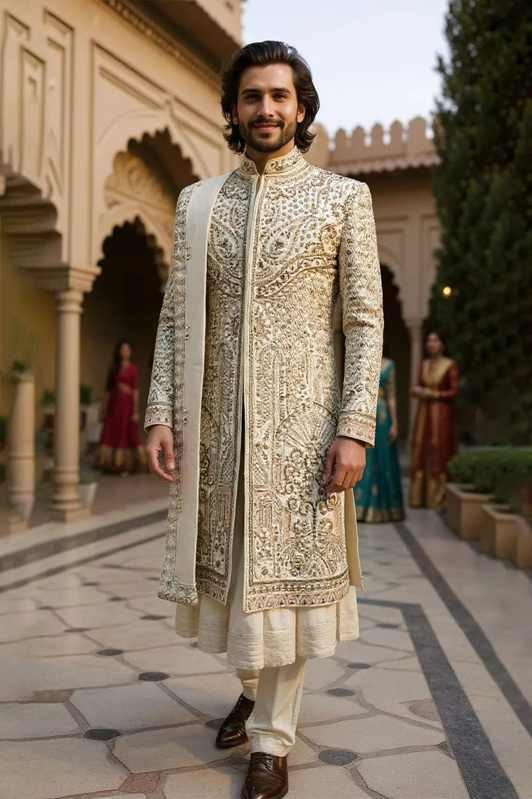 Ivory Silk Sherwani with Heavy Zardozi Embroidery