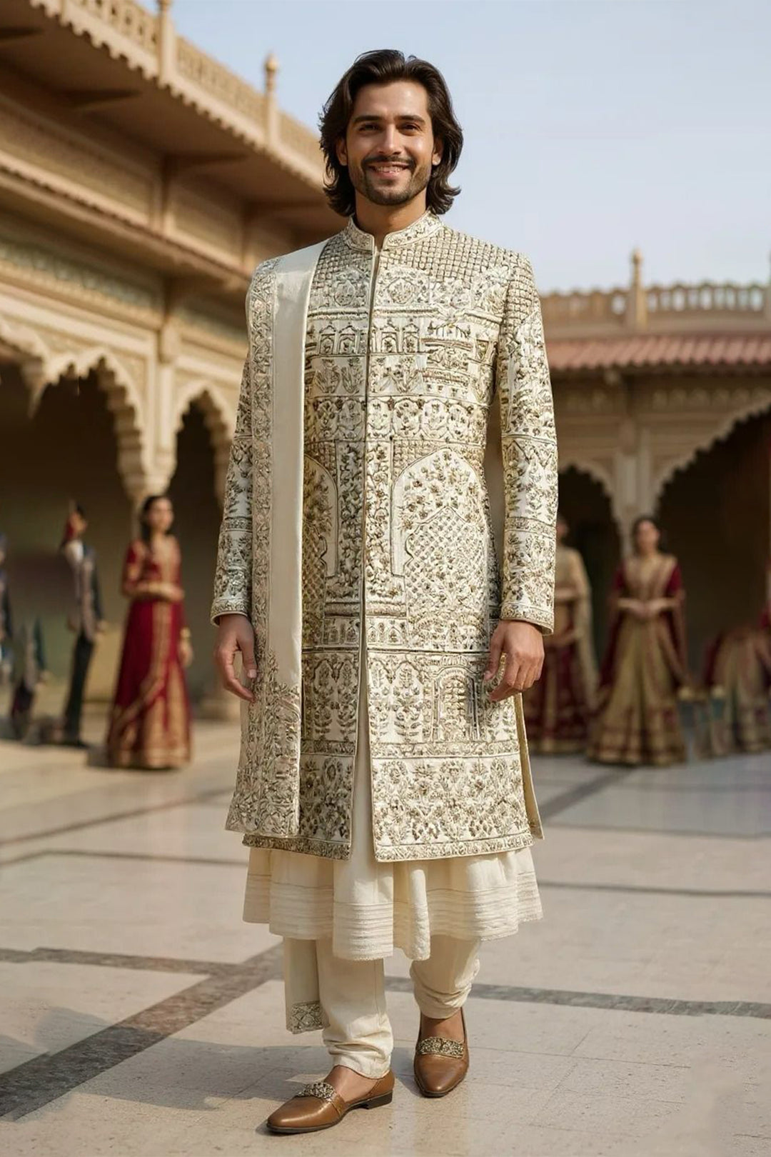 Ivory Silk Sherwani with Heritage Hand Embroidery