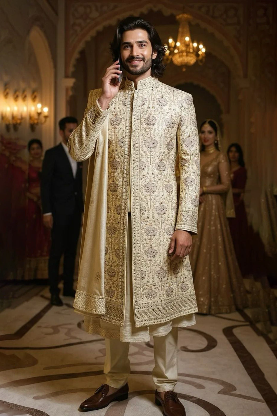 Ivory Silk Sherwani with Intricate Hand Embroidery