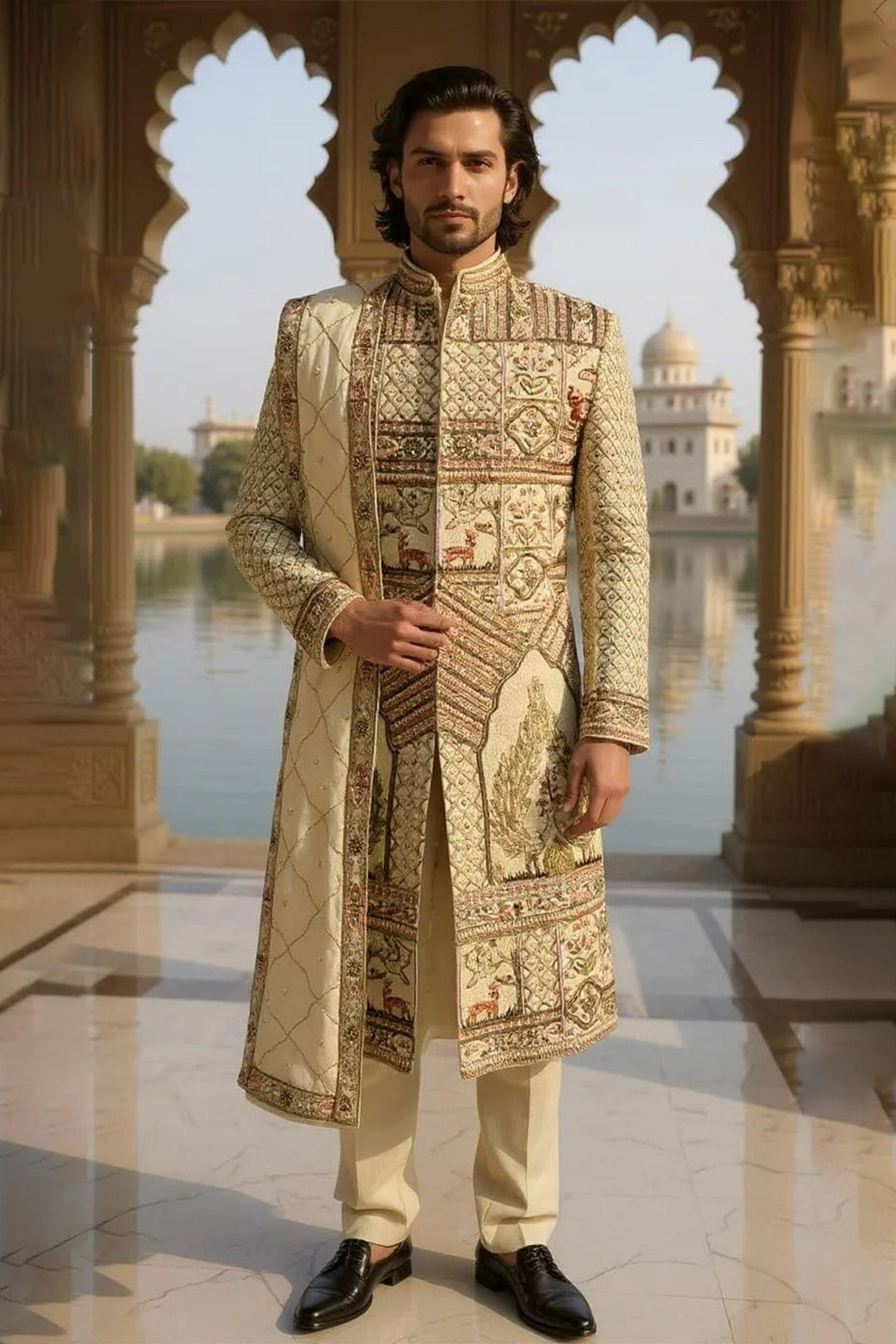 Ivory Silk Sherwani with Regal Tapestry-Inspired Embroidery
