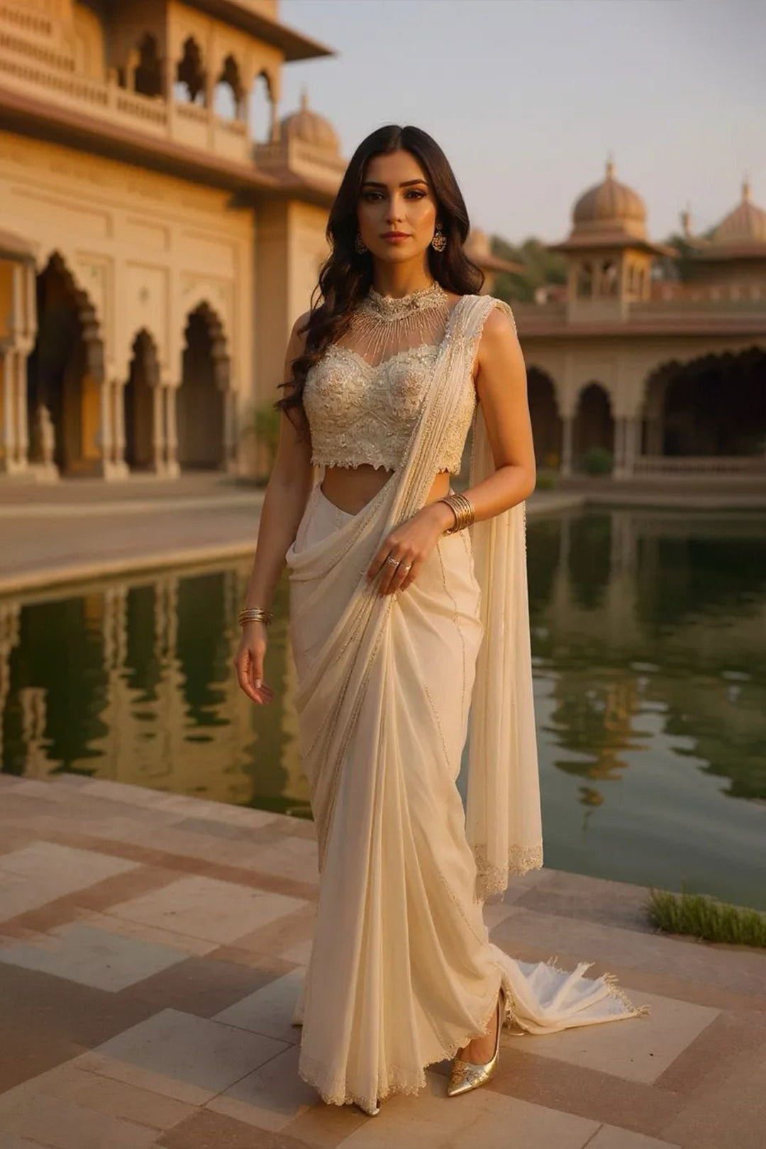 Modern Muse - Had Embroidered Blouse With Drape Saree
