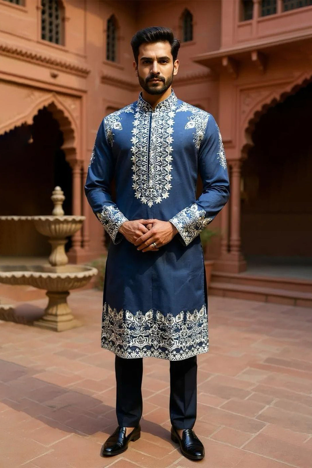 Navy Blue Cotton Silk Kurta Pajama with Intricate Embroidery