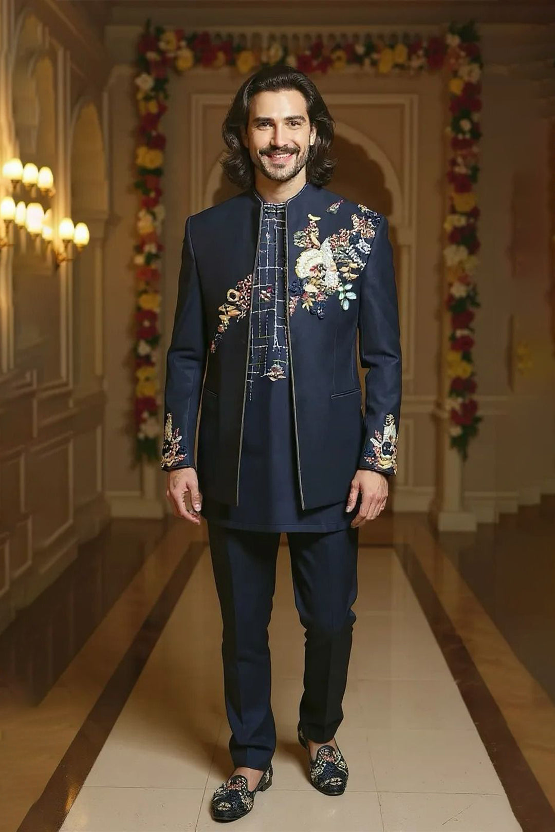 Navy Blue Embroidered Indo-Western Set with Contemporary Detailing