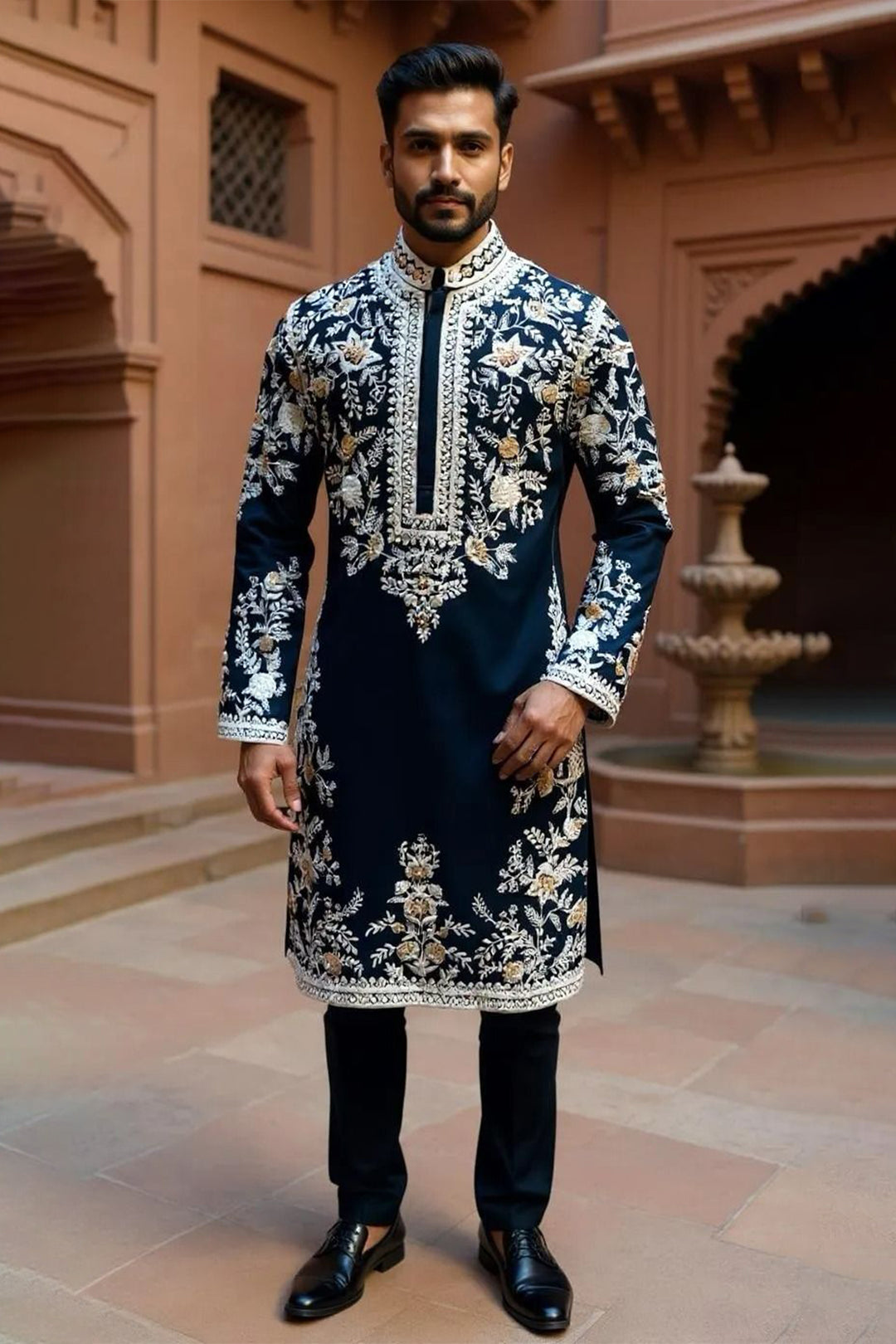 Navy Blue Kurta Pajama in Japanese Base with Intricate Floral Embroidery
