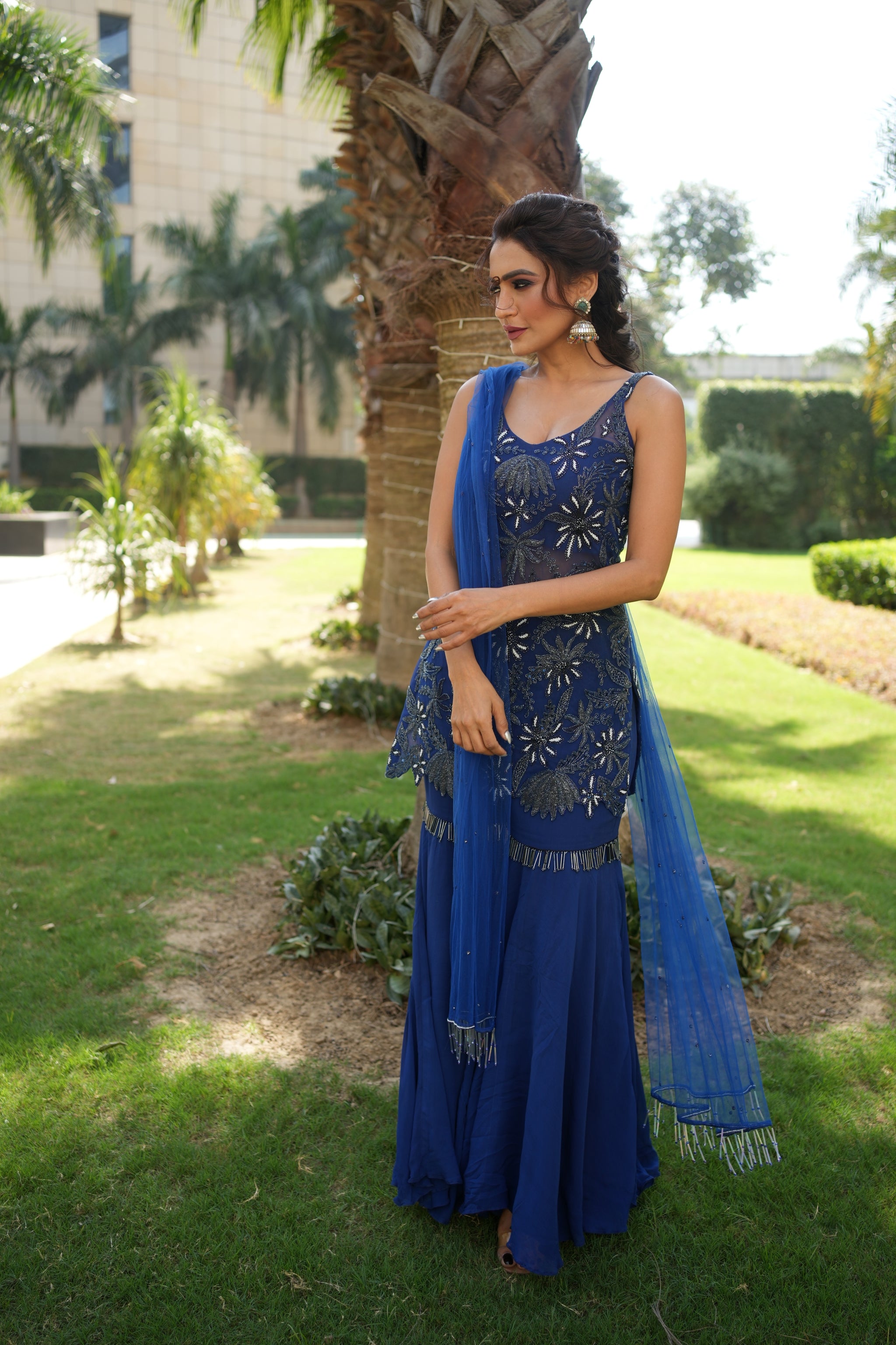 Navy Blue Cutdana Embroidered Sharara Set S