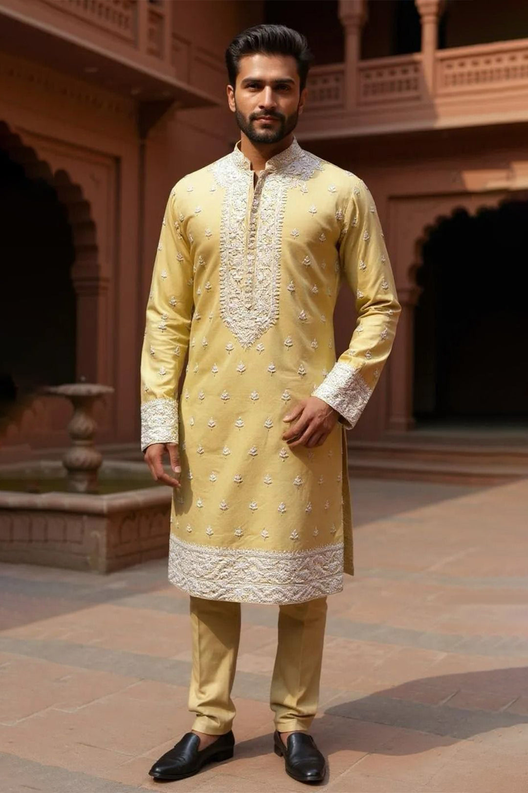 Pastel Yellow Kurta Pajama in Cotton Silk Base with Delicate Embroidery