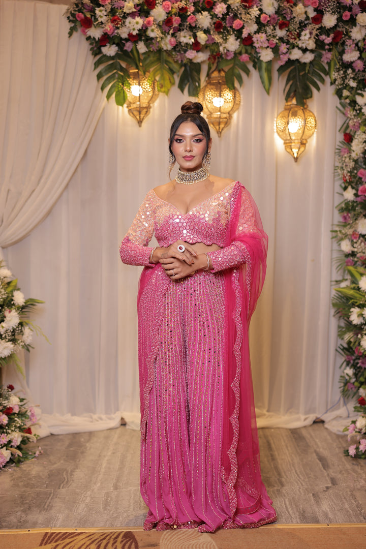 Pink Mirror Work Sharara Set