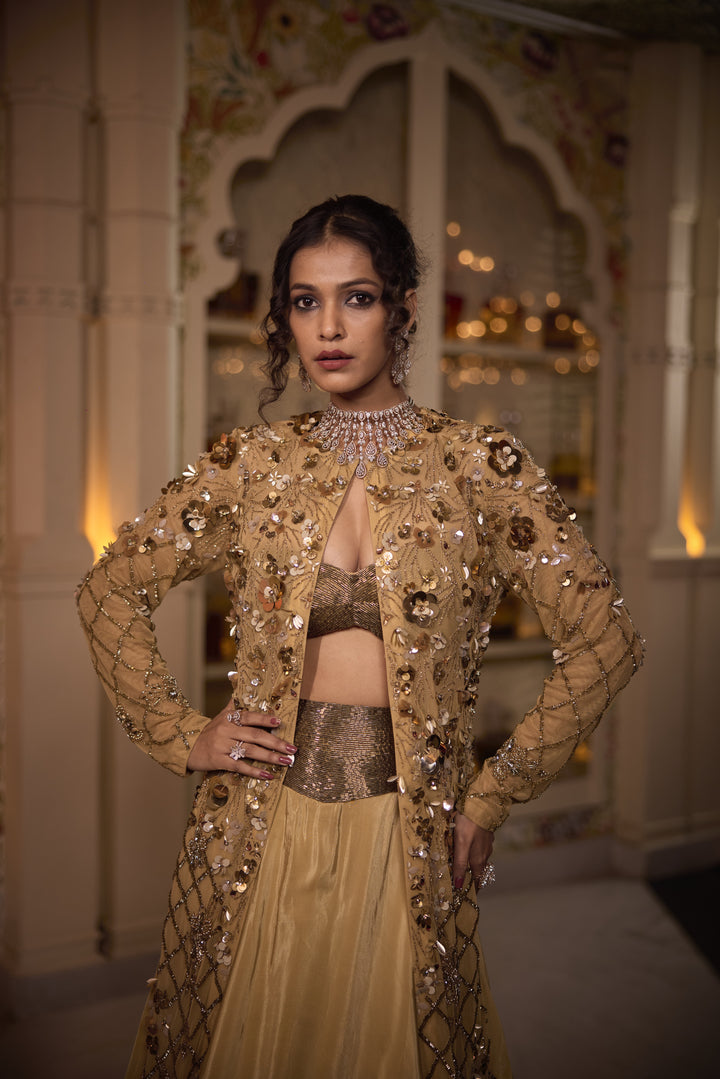 Luxe Gold Net & Crape Jacket Lehenga with Cutdana & Sequins Embroidery