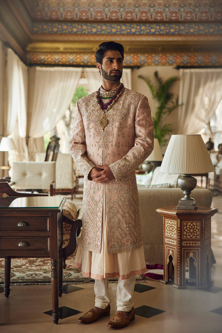 Peach raw silk embroidered sherwani set