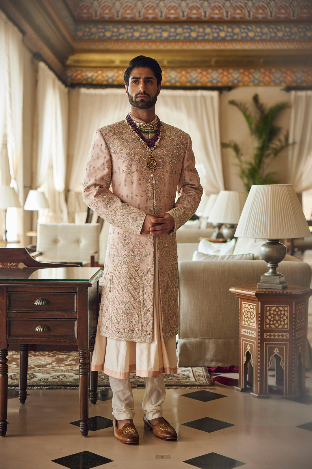 Peach raw silk embroidered sherwani set