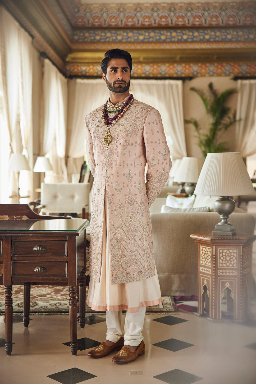 Peach raw silk embroidered sherwani set