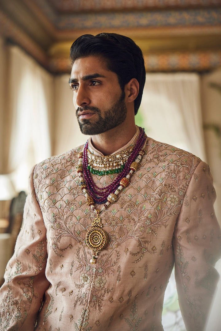Peach raw silk embroidered sherwani set