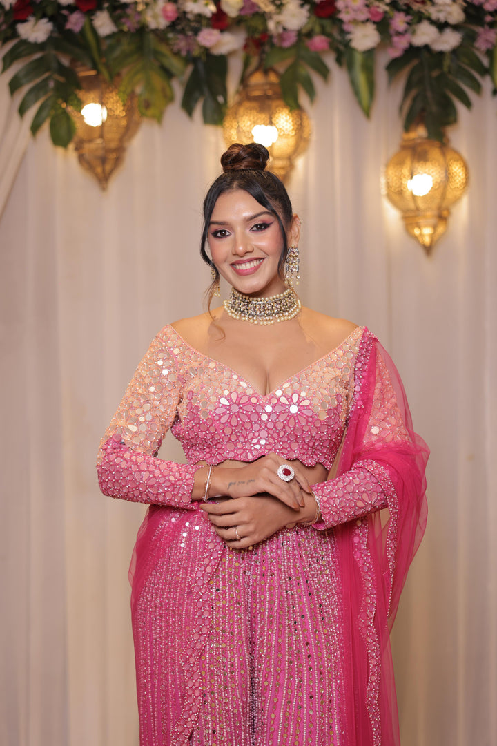 Pink Mirror Work Sharara Set