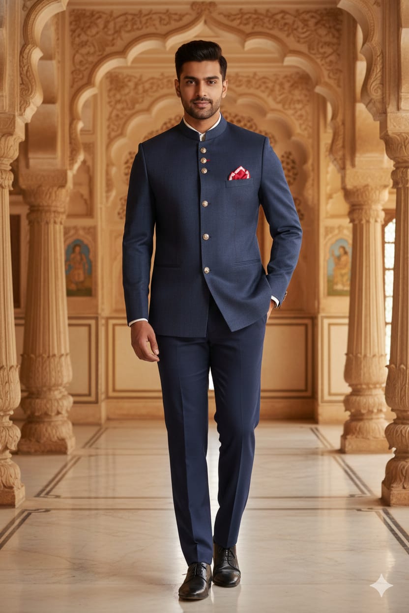 A royal navy blue bandhgala suit set with elegant metal buttons and A Sharp tailored fit L