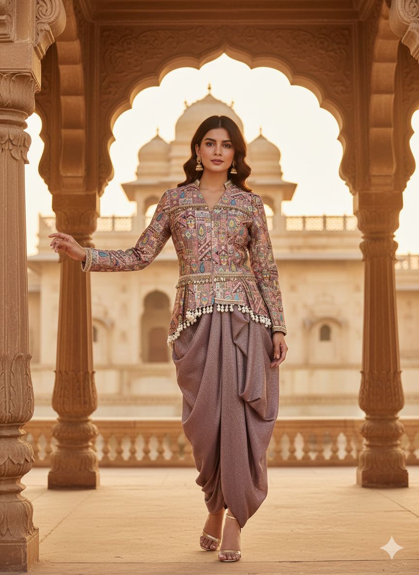 modern dhoti style dresses for ladies A luxurious designer indo-western set featuring A beautifully embroidered jacket stylish blouse, and draped dhoti-style bottom Custom Celtic outfit women Beige Check Gili Maxi style bottoms add a Color:BLUE HORIZON