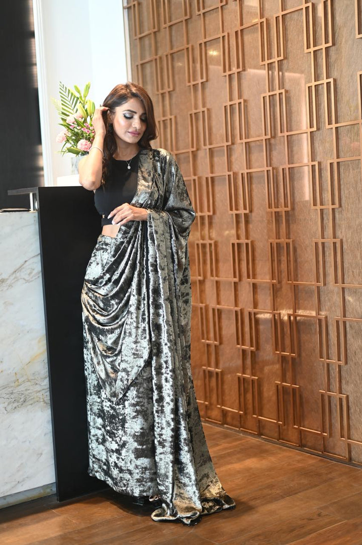 Olive Green And Black Drape Saree