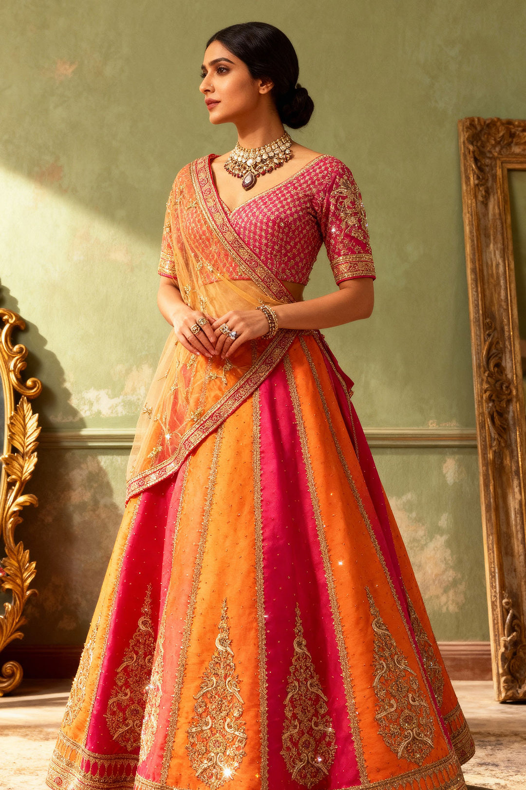 Pink & Orange Contrast Lehengaa