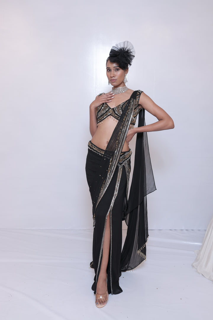 Black Georgette Embroidered Drape Saree