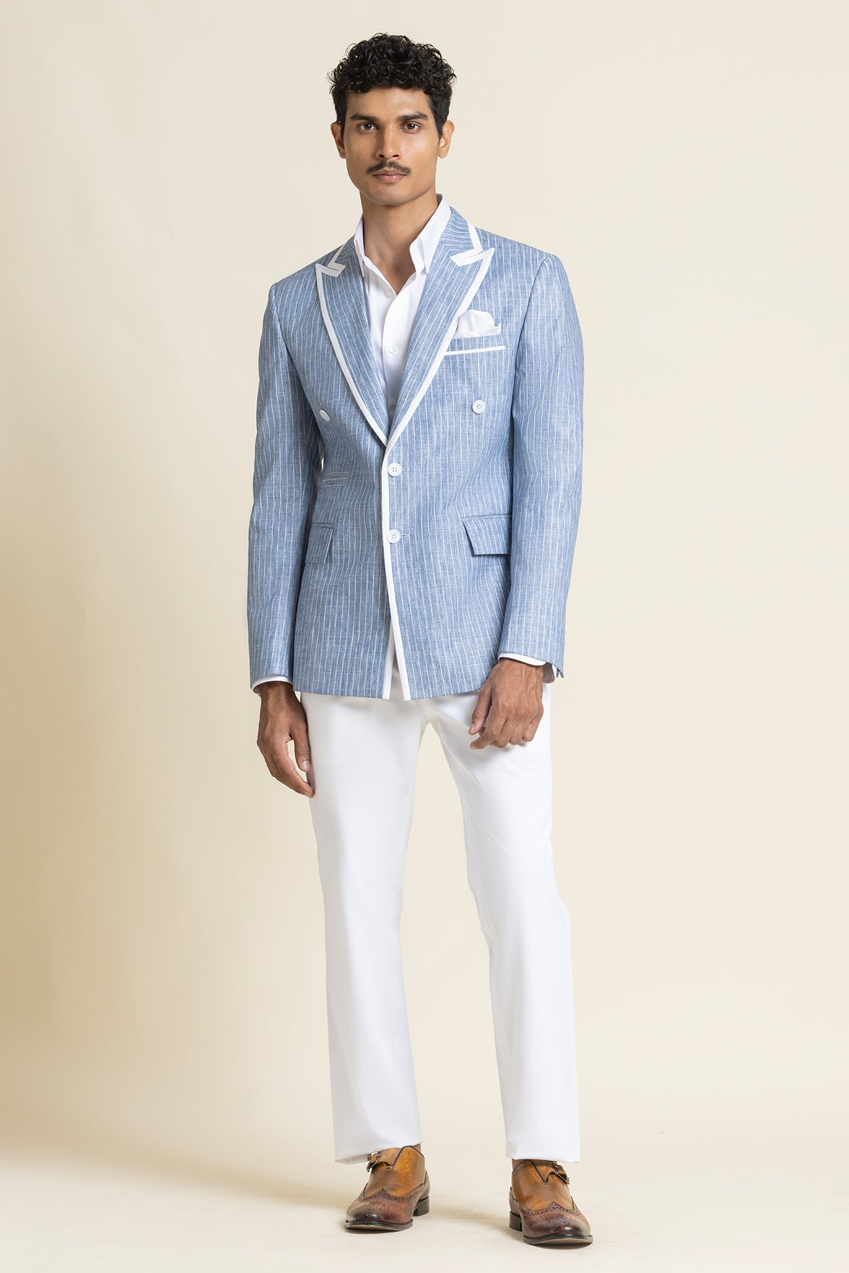 Linen Jacket With Piping Detail Slim Fit And Printed Detailing