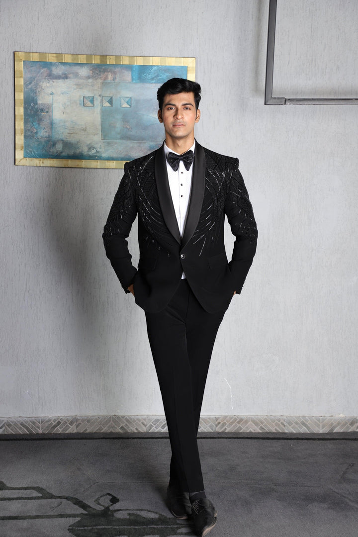 Black Silk Hand Embroidered Tuxedo Set