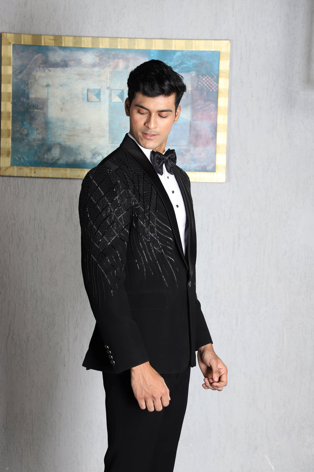 Black Silk Hand Embroidered Tuxedo Set