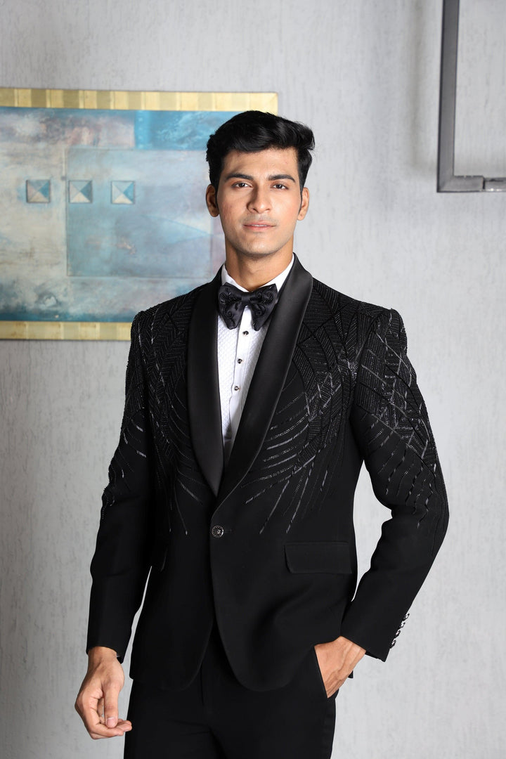 Black Silk Hand Embroidered Tuxedo Set