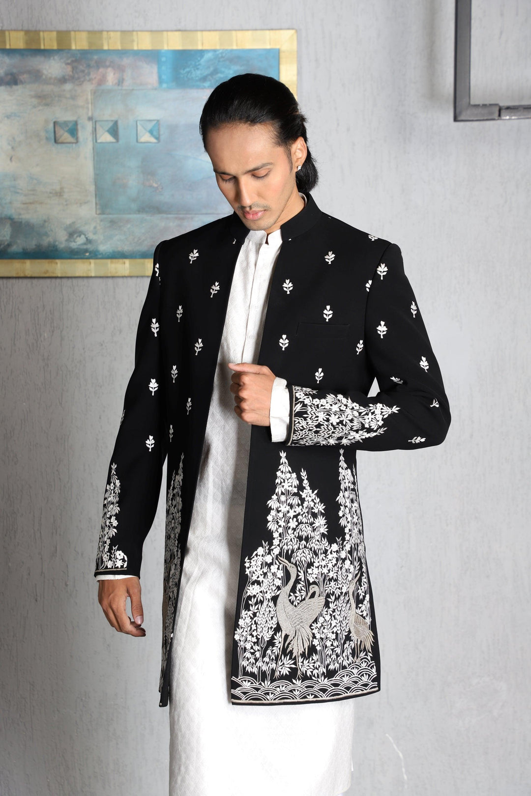 Black Japanese Fabric Embroidered Indo-western Set