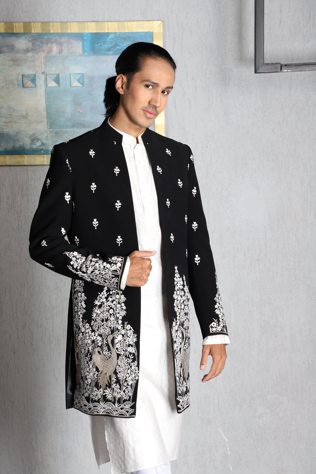 Black Japanese Fabric Embroidered Indo-western Set