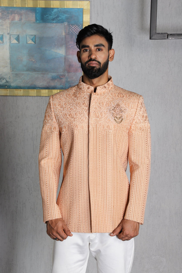 Peach Silk Hand Thread Embroidered Indo Western