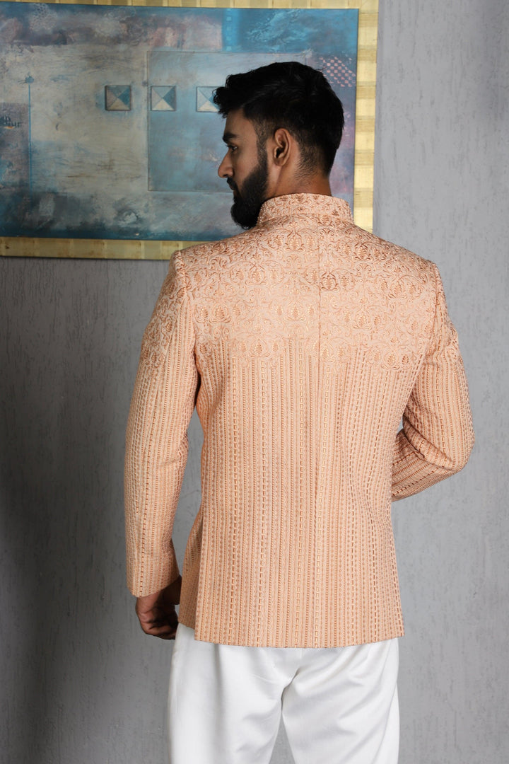 Peach Silk Hand Thread Embroidered Indo Western