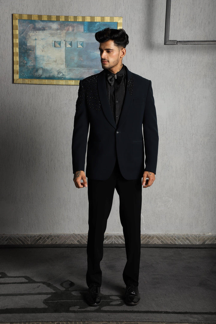 Navy Blue Hand Embroidered Tuxedo Set