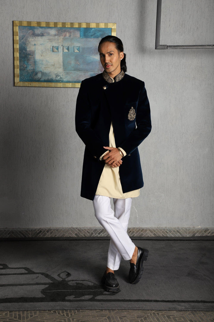 Navy Blue Designer Velvet Indo-Western