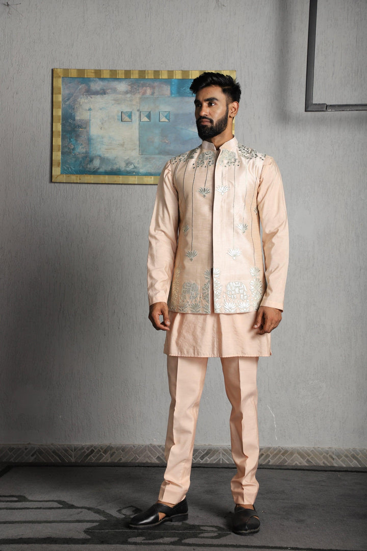 Peach Silk Leather Applique Nehru Jacket With Kurta Pajama Set