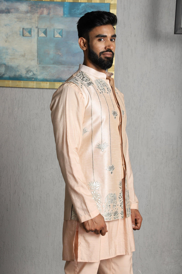 Peach Silk Leather Applique Nehru Jacket With Kurta Pajama Set