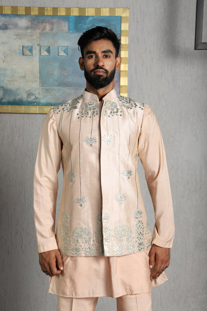 Peach Silk Leather Applique Nehru Jacket With Kurta Pajama Set