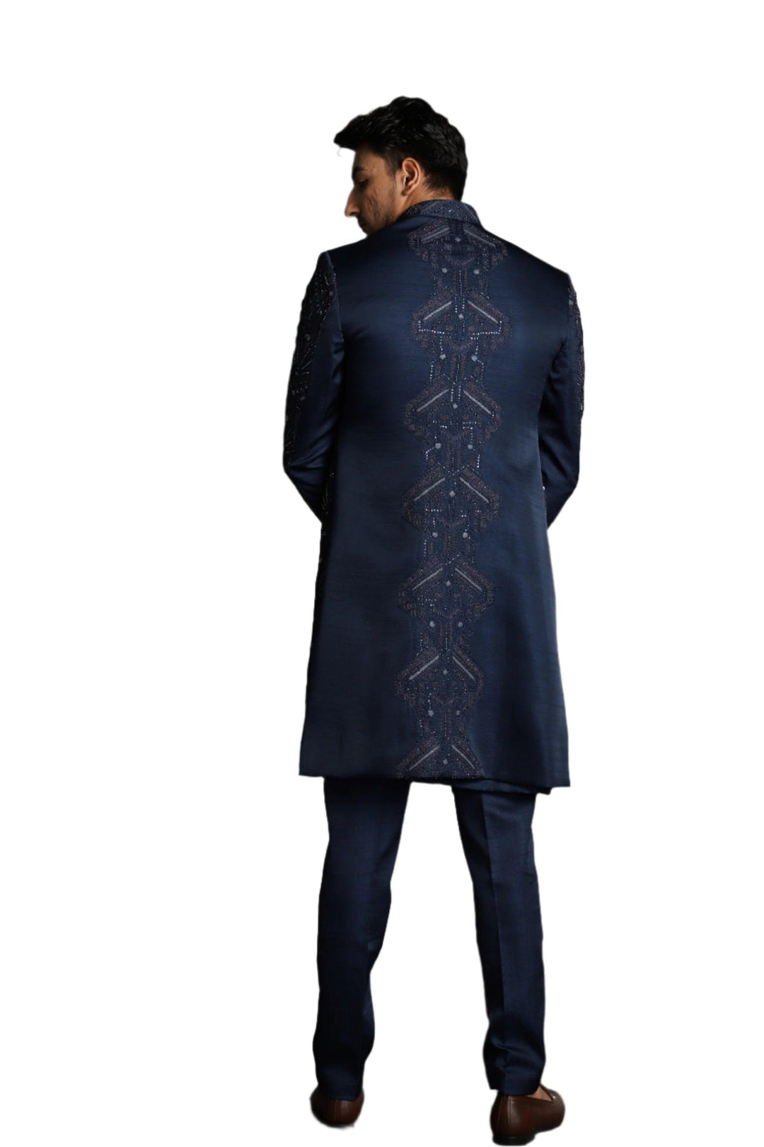 Navy Blue Silk Hand Embroidered Indo Western set