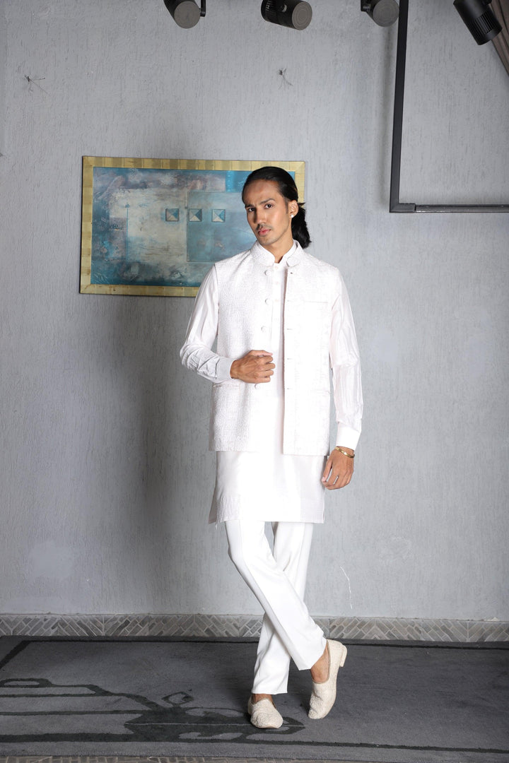 Ivory Silk Hand Embroidered Nehru Jacket With Kurta Pajama Set