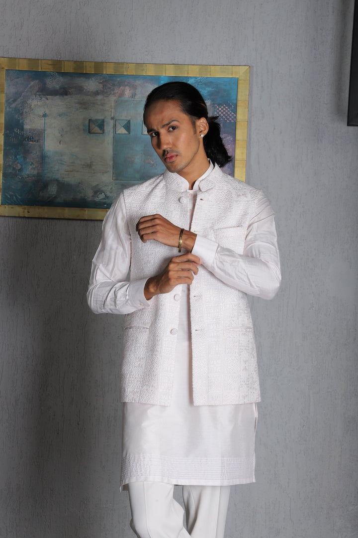 Ivory Silk Hand Embroidered Nehru Jacket With Kurta Pajama Set