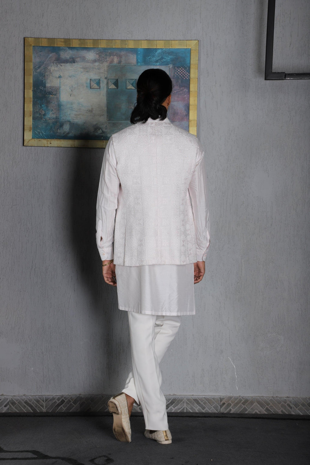 Ivory Silk Hand Embroidered Nehru Jacket With Kurta Pajama Set