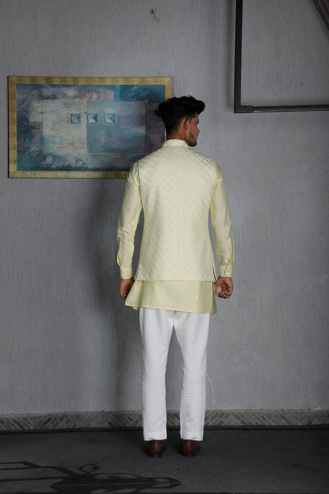 Lime Silk Thread Embroidered Nehru Jacket With Kurta Pajama Set