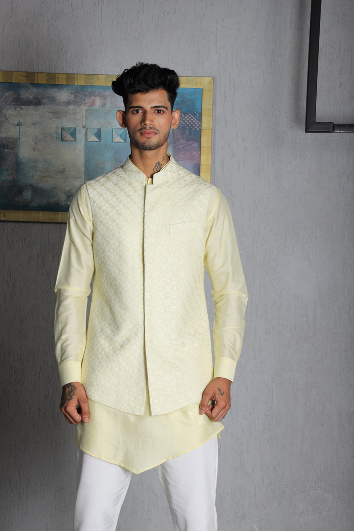 Lime Silk Thread Embroidered Nehru Jacket With Kurta Pajama Set