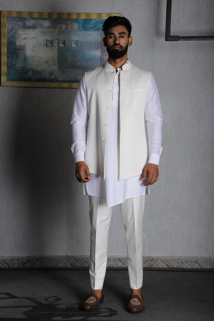 Ivory Silk Hand Embroidered Nehru Jacket With Kurta Pajama Set