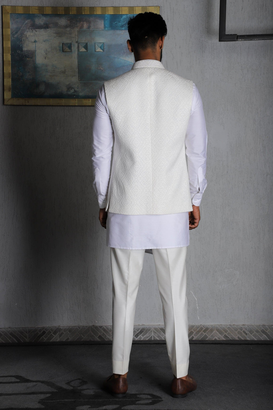 Ivory Silk Hand Embroidered Nehru Jacket With Kurta Pajama Set