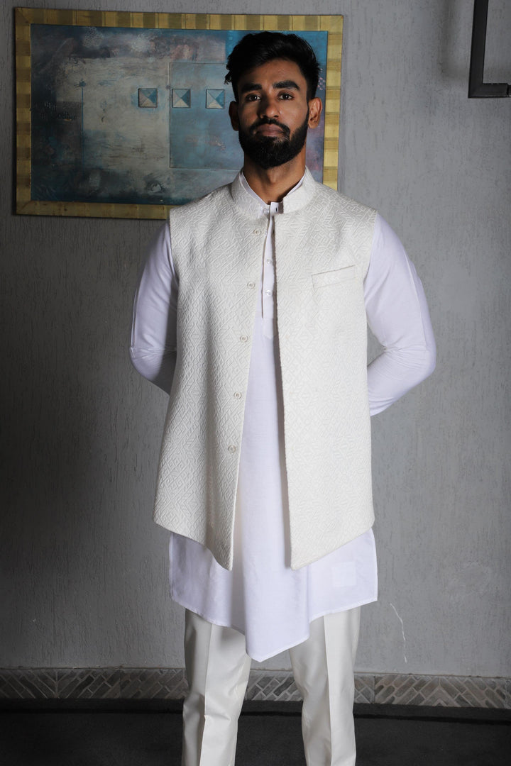 Ivory Silk Hand Embroidered Nehru Jacket With Kurta Pajama Set