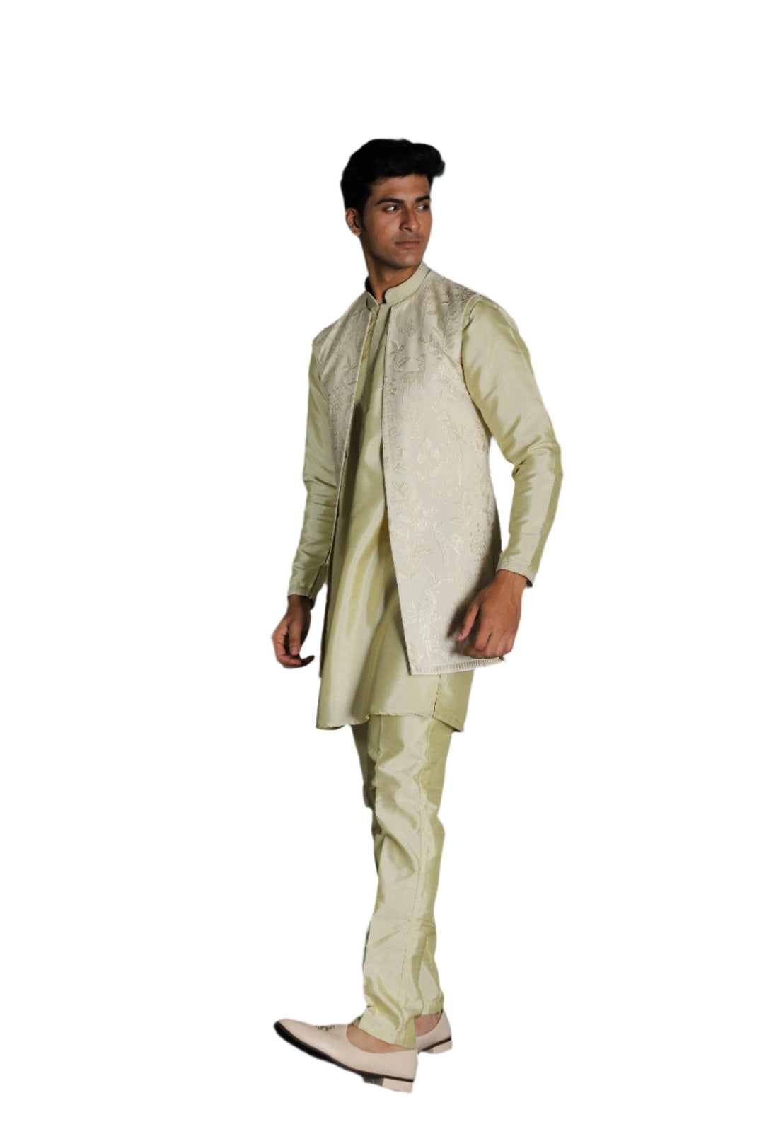 Lime Silk Thread Embroidered Nehru Jacket With Kurta Pajama Set