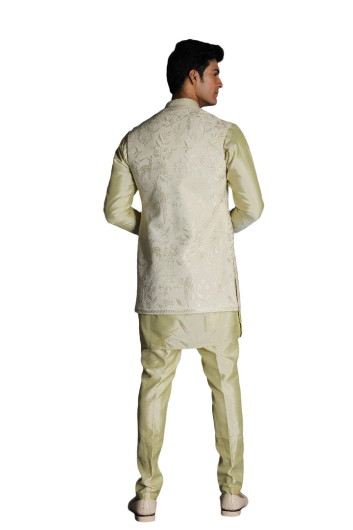 Lime Silk Thread Embroidered Nehru Jacket With Kurta Pajama Set